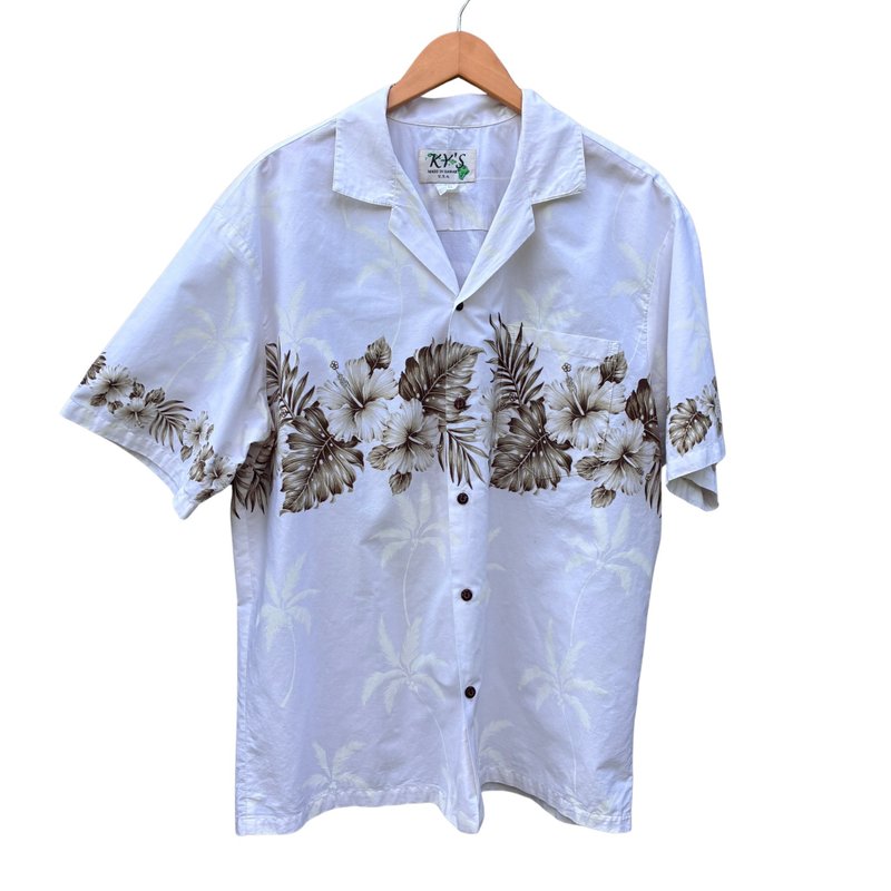 Vintage 90s KY'S White & Brown Hibiscus Row Hawaiian Shirt 100% Cotton - 男襯衫/休閒襯衫 - 棉．麻 白色