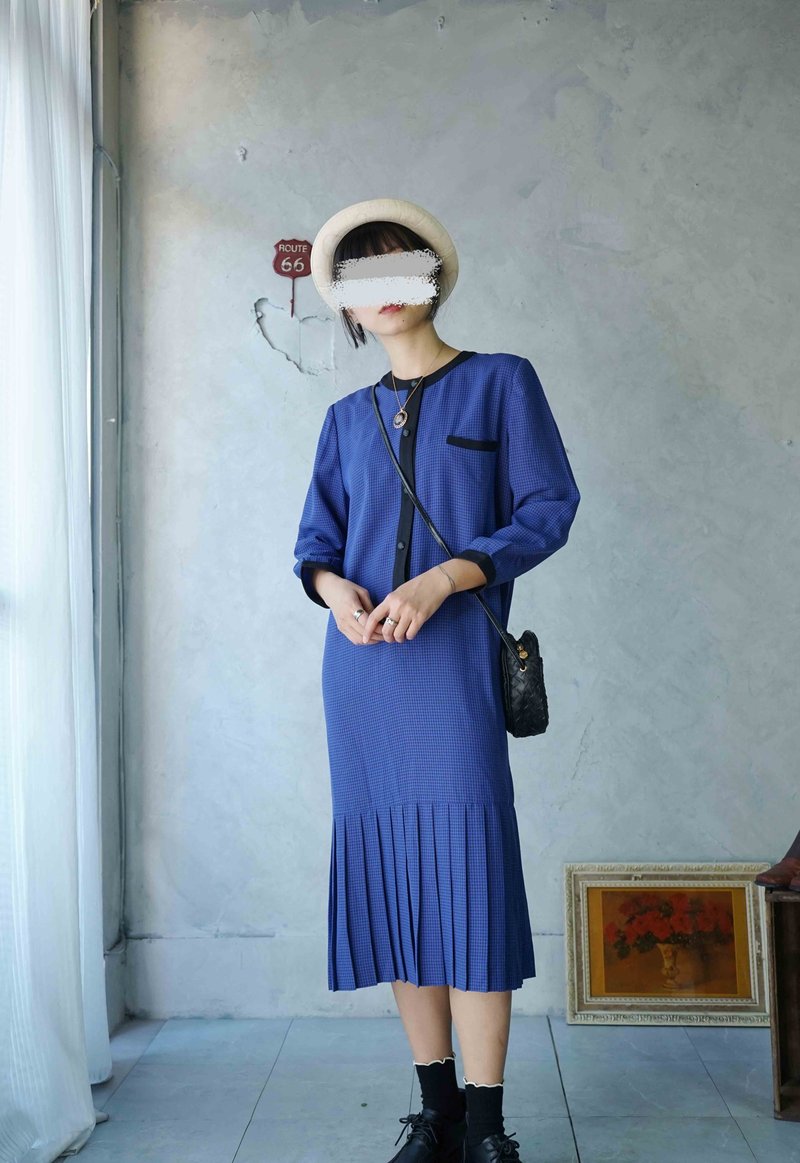 Treasure Hunt Vintage - Showa Era Royal Blue Houndstooth Low-Waist Pleated Skirt Dress - ชุดเดรส - เส้นใยสังเคราะห์ สีน้ำเงิน