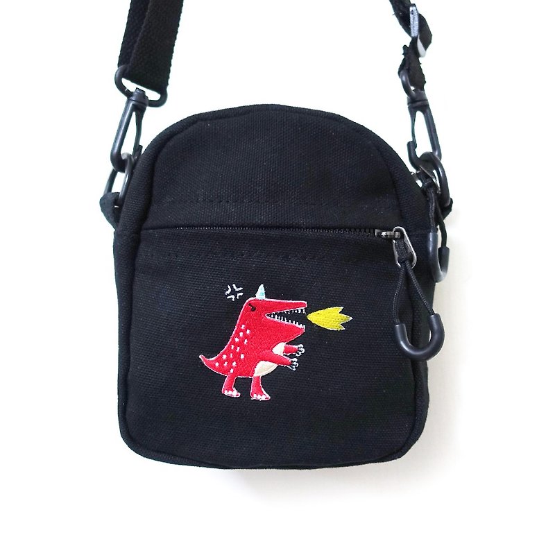 Cat Fur Original Embroidered Small Canvas Crossbody Bag (Black) / Red Dinosaur - กระเป๋าแมสเซนเจอร์ - ผ้าฝ้าย/ผ้าลินิน สีดำ