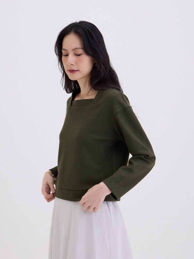 舒柔方領造型上衣-軍綠 - 女上衣/長袖上衣 - 羊毛 綠色