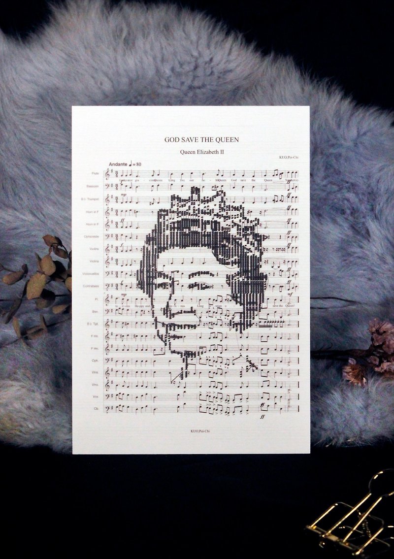 [Music score postcard] Queen of England-voice portrait - Cards & Postcards - Paper White