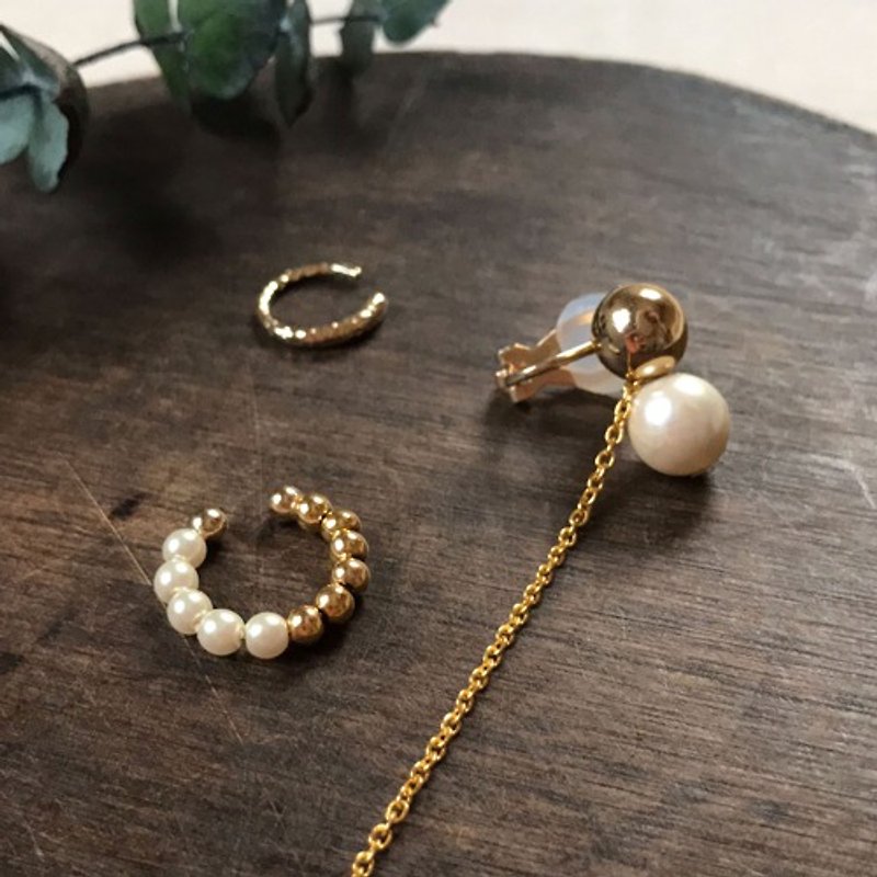 \ Advantageous / Ear Cuff 3set | Pearl x Gold x Long Chain Pearl and Gold Hammer Gold-Set-EC-Set3 - Earrings & Clip-ons - Gemstone Gold