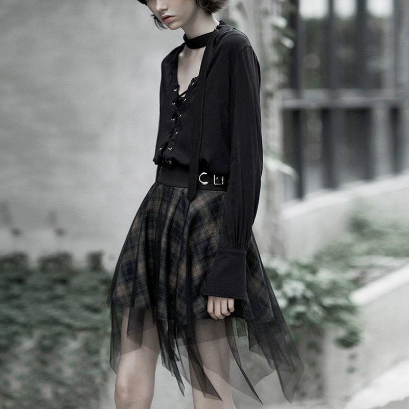 Punk retro Scottish high-waist gauze skirt /*New large size* - กระโปรง - วัสดุอื่นๆ สีดำ