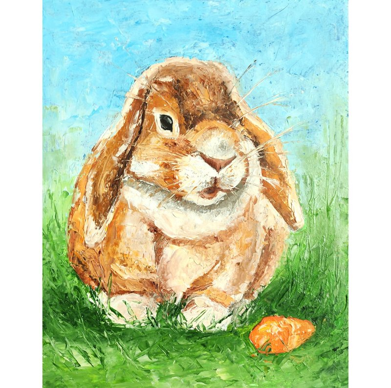 Rabbit Original Oil Painting Bunny Art Animal Wall Art 手工油畫, 油畫原作 - โปสเตอร์ - วัสดุอื่นๆ หลากหลายสี