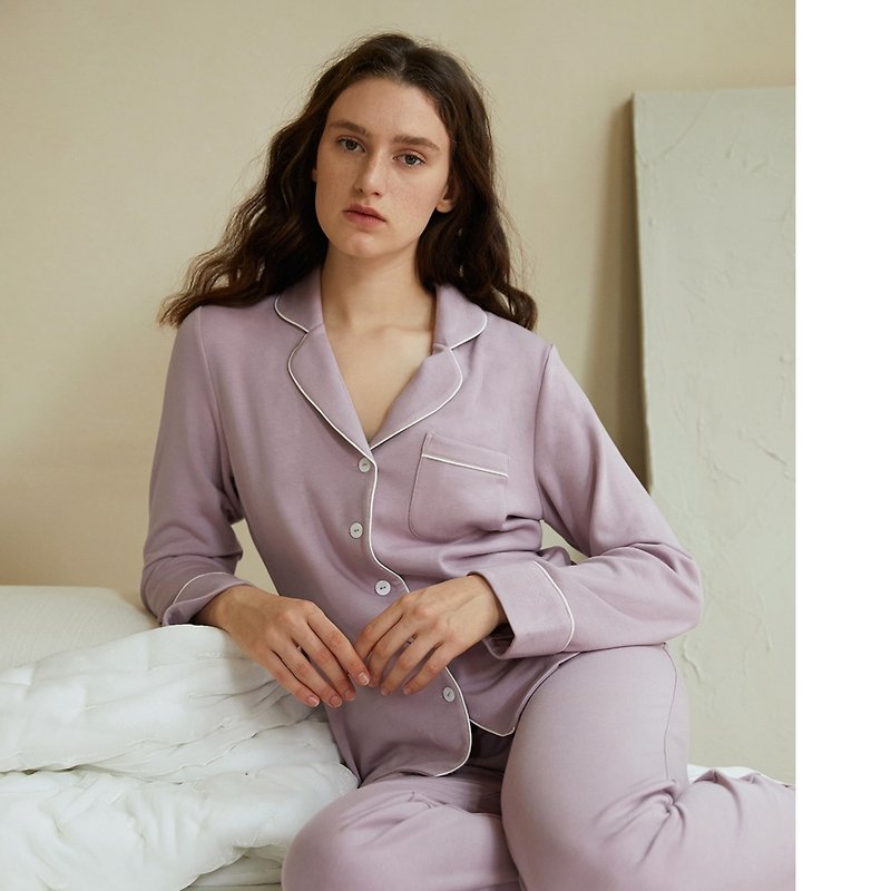 Simple long-sleeved knitted pajamas with waist waist design, soft and comfortable home service suit for women autumn and winter - Loungewear & Sleepwear - Cotton & Hemp 