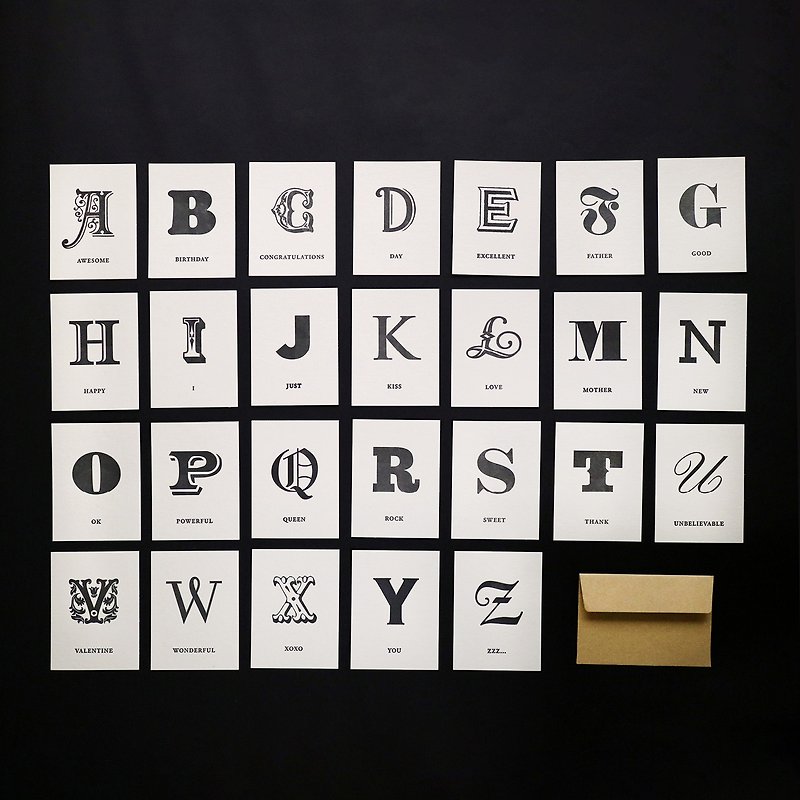 活版印刷英文字母小卡 A to Z 套組 - 心意卡/卡片 - 紙 黑色