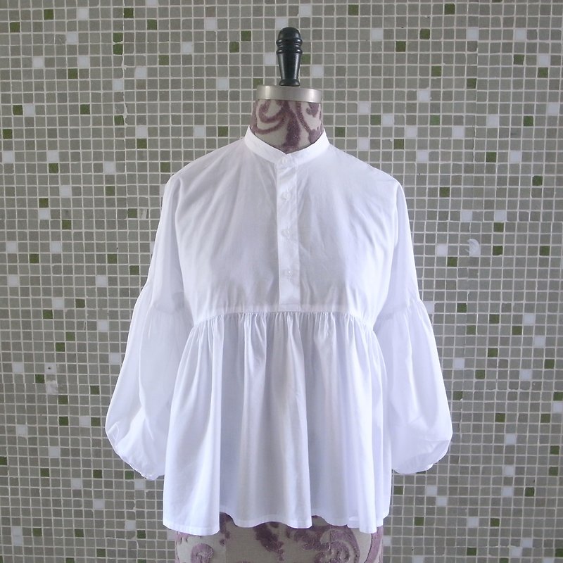 white bubble sleeves blouse - Women's Tops - Cotton & Hemp White