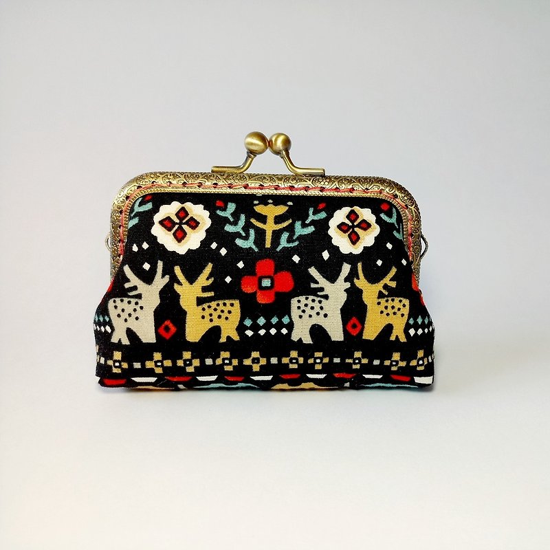 1987 Handmades 【Christmas and Fawn】 mouth gold bag purse clutch - กระเป๋าคลัทช์ - ผ้าฝ้าย/ผ้าลินิน สีดำ
