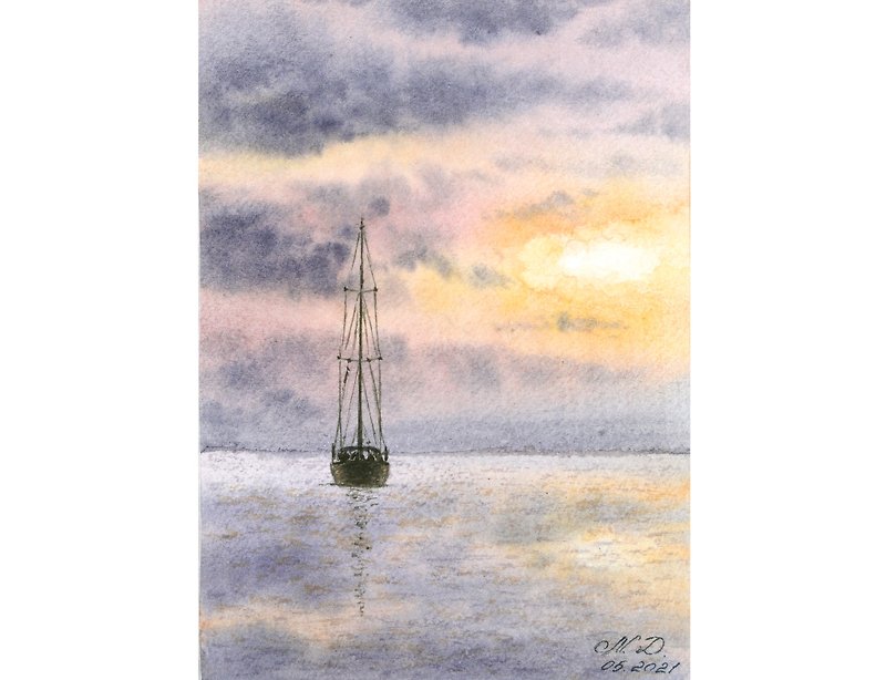 Sailboat Painting Original Art Sailing Yachts Artwork Sunset Watercolor Painting - Posters - Paper Multicolor