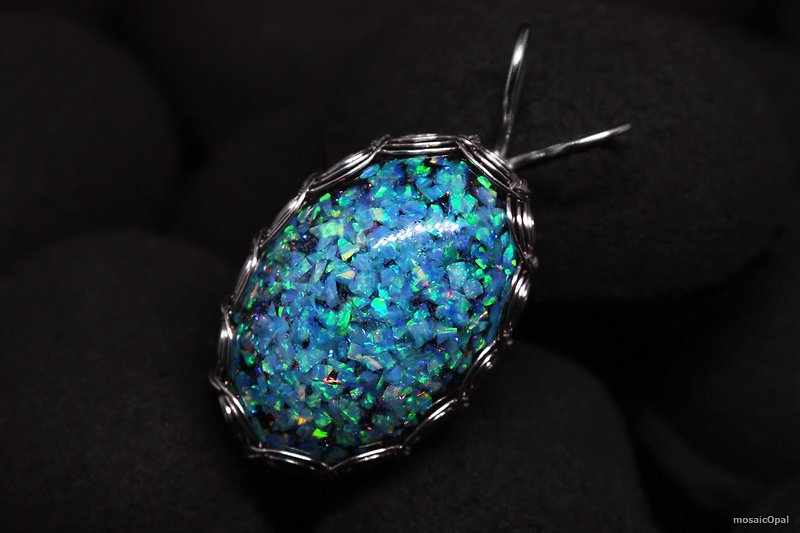 Blue opal pendant. Dragon egg necklace with laboratory opal mosaic and lava