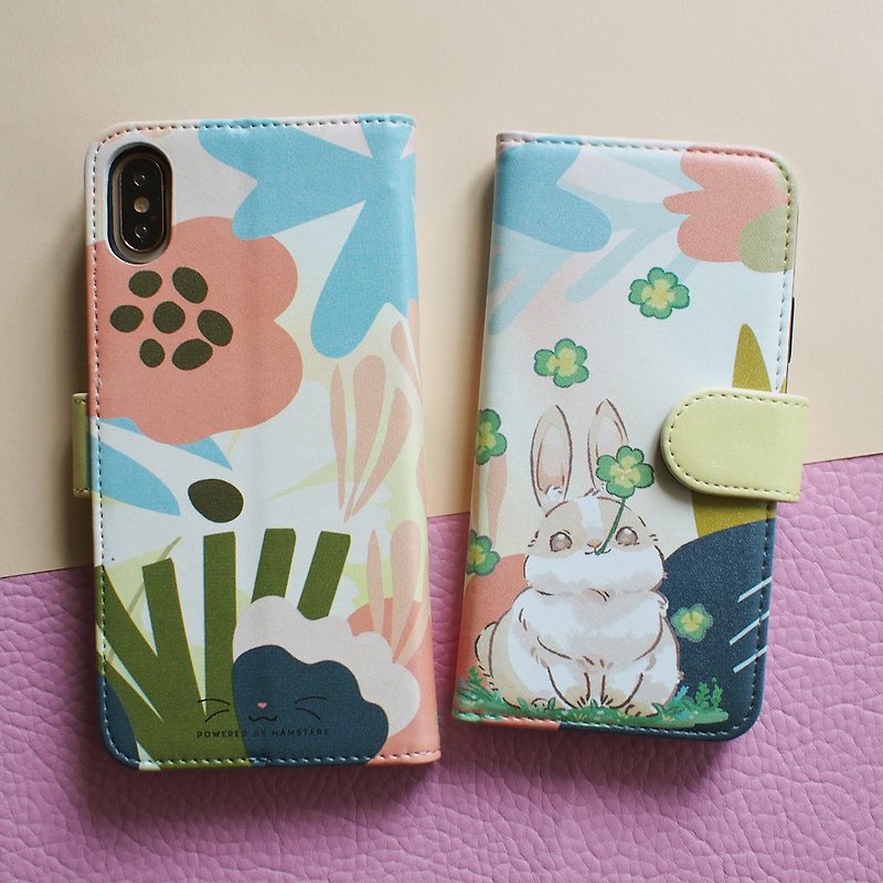 Notebook type smartphone case for iPhone, rabbit in abstract flowers - Phone Cases - Faux Leather Pink