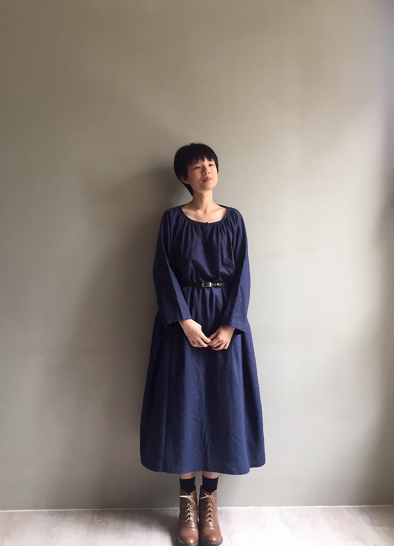 Mori Travel/Navy Blue Cotton and Linen Crew Neck Long Long Sleeve Dress/With Strap - One Piece Dresses - Cotton & Hemp 