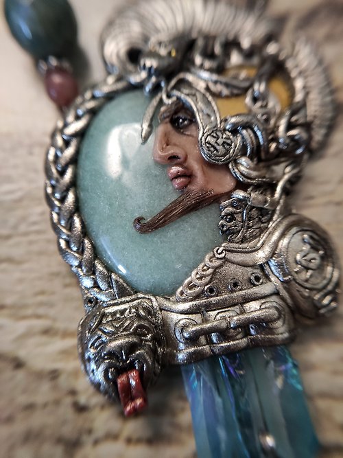 Lorentina Aztec Warrior Necklace, Warrior Cameo, Aventurine Necklace, Silver Art Necklace