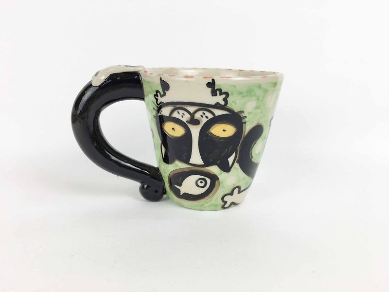 Nice Little Clay wide mouth mug upside down black and white cat 01062-01 - Mugs - Pottery Green