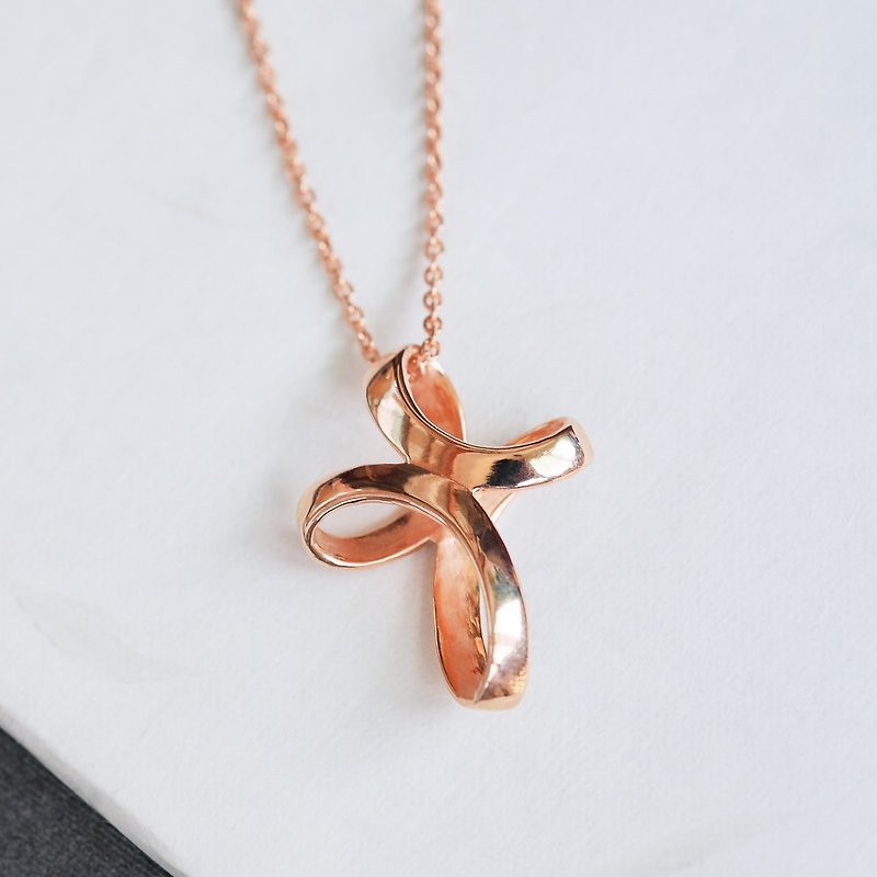 !!FAST SHIPPING!! 925 Sterling Silver Streamlined Rose Gold Cross Necklace Infinity Mobius - Necklaces - Sterling Silver Pink