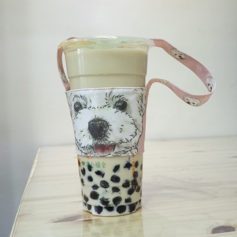 Maltese-double-sided beverage cup set-dog sketch series~double-sided beverage bag - ถุงใส่กระติกนำ้ - เส้นใยสังเคราะห์ 
