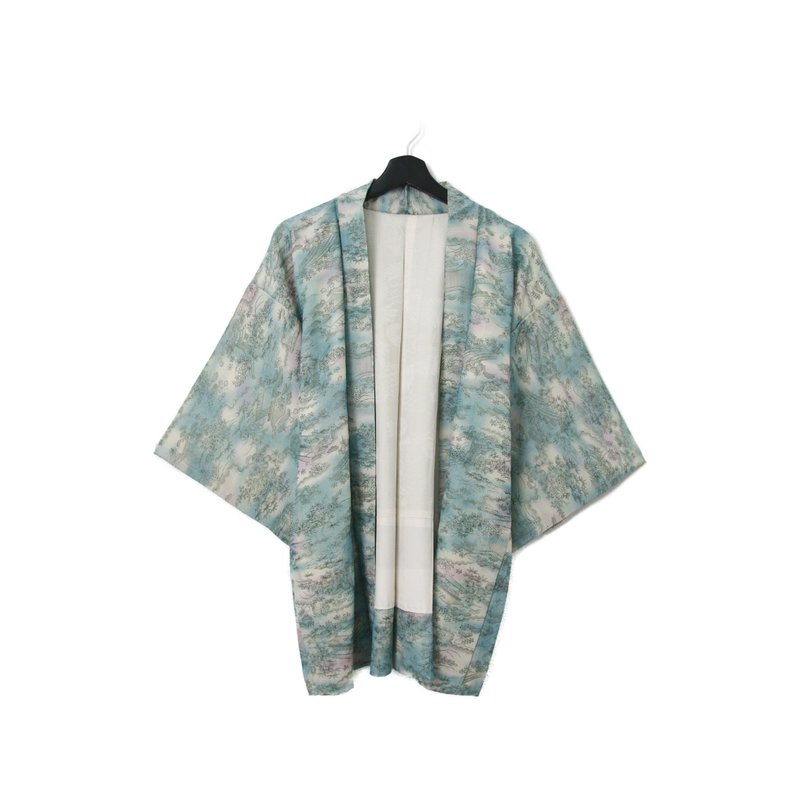 Back to Green-日本帶回羽織水藍色手繪城鎮kb-21/vintage kimono - 女大衣/外套 - 絲．絹 