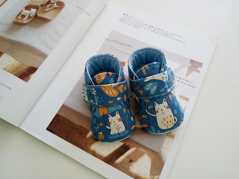 雨中貓咪  彌月禮物 嬰兒鞋 寶寶鞋 短靴  13//14 - 男/女童鞋 - 棉．麻 藍色