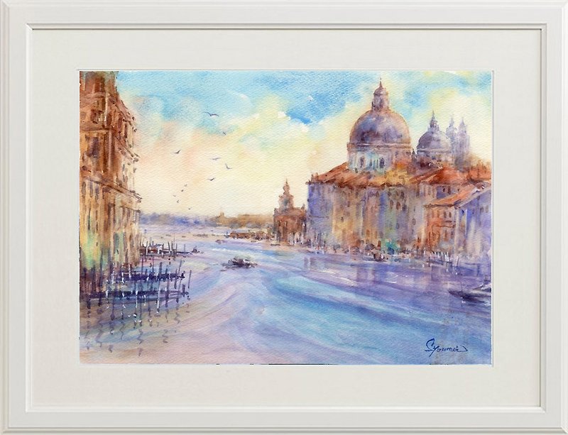 水彩画　ヴェネチィア運河20 - 掛牆畫/海報 - 紙 藍色
