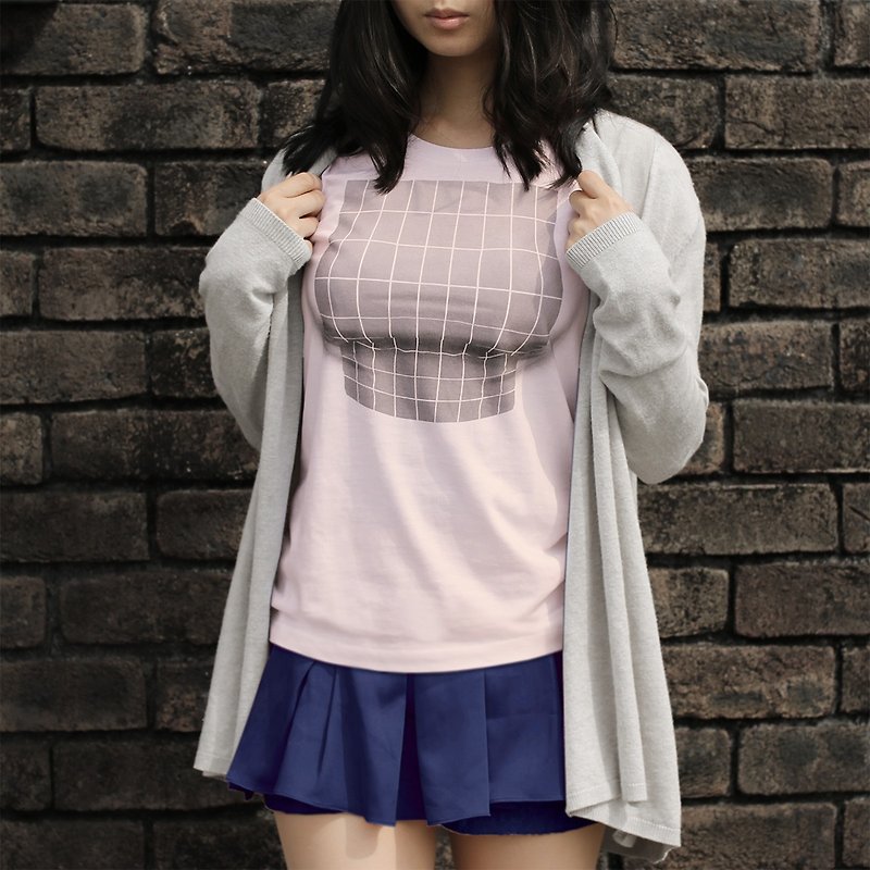 Mousou Mapping T-shirt/ Illusion grid/ PINK/ WL size - Tシャツ - コットン・麻 ピンク