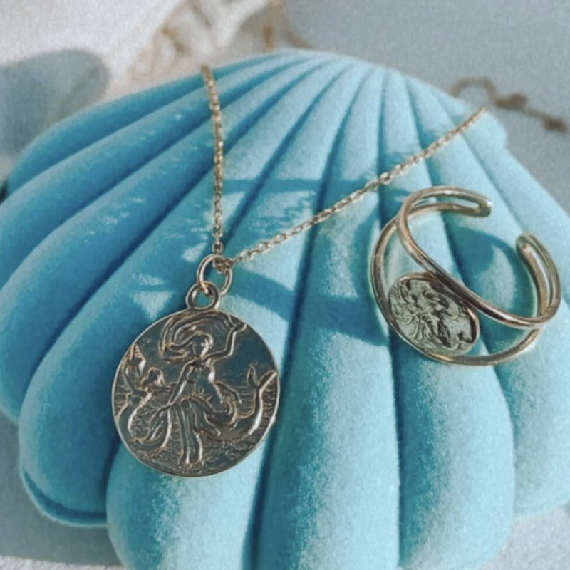 Gold Little Mermaid Double Ring & Heavy Metal Mermaid Coin Necklace Combination - สร้อยคอ - เงินแท้ สีทอง