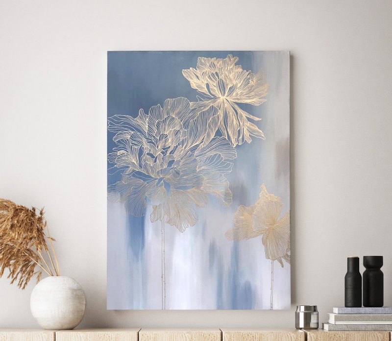 Floral Abstract Blue Gold Painting | Blue and Gold Flowers Wall Art | Thinness 2 - 壁貼/牆壁裝飾 - 棉．麻 藍色