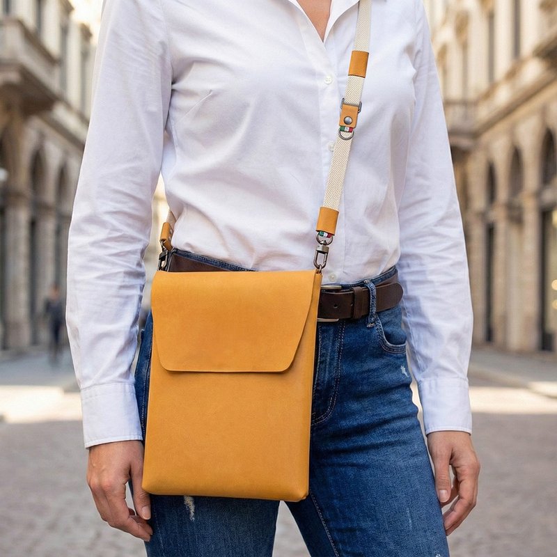 COZI-義大利植鞣革 10~14吋iPad平板/MacBook電腦 斜跨包 斜肩包 - 平板/電腦保護殼 - 真皮 橘色