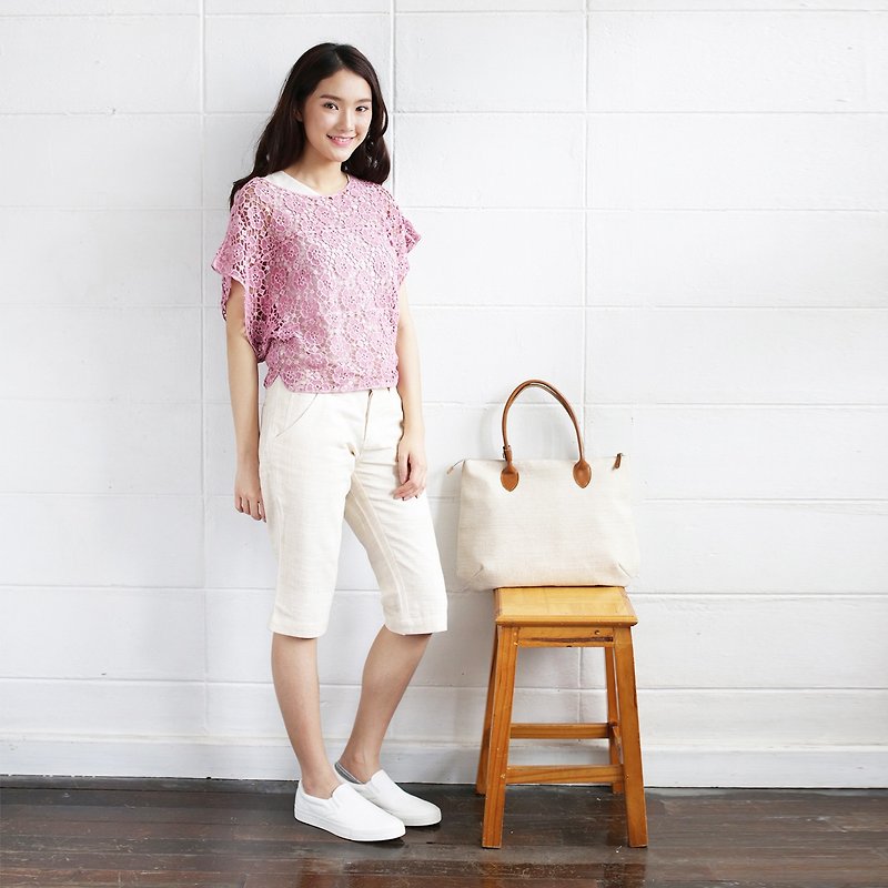 Pink Short Sleeve Over Size Tops Lace Cotton Soi-Fah - Women's Tops - Cotton & Hemp Pink