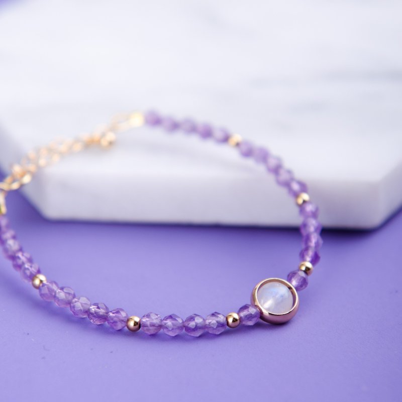 Amethyst, Moonstone, 14K Gold-filled Natural Gemstone Crystal Bracelet - สร้อยข้อมือ - คริสตัล สีม่วง