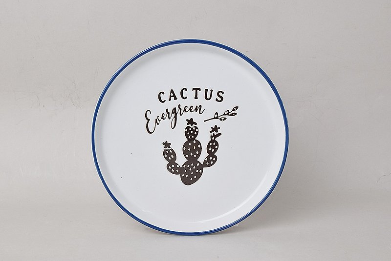 [Japan SHINA CASA] Cactus Shape-Blue Edge Imitation Enamel Style Pottery 16.3cm Disc/Shallow Plate - Small Plates & Saucers - Porcelain White