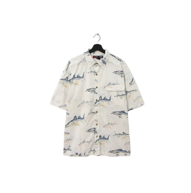 Back to Green-魚圖騰短袖襯衫 飛躍藍魚 ff-05 vintage shirt - 男襯衫/休閒襯衫 - 棉．麻 