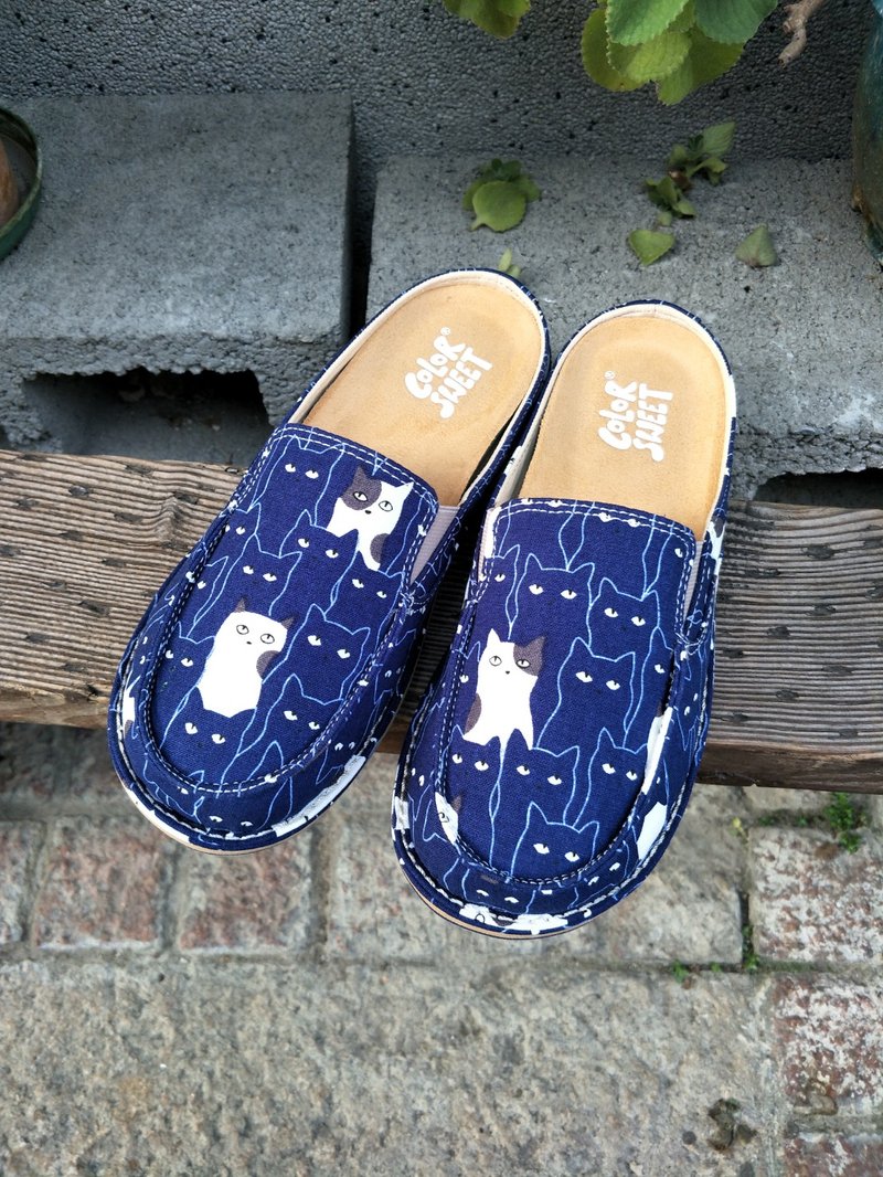 穆勒系列-躲貓貓-藍 - 女休閒鞋/帆布鞋 - 棉．麻 藍色