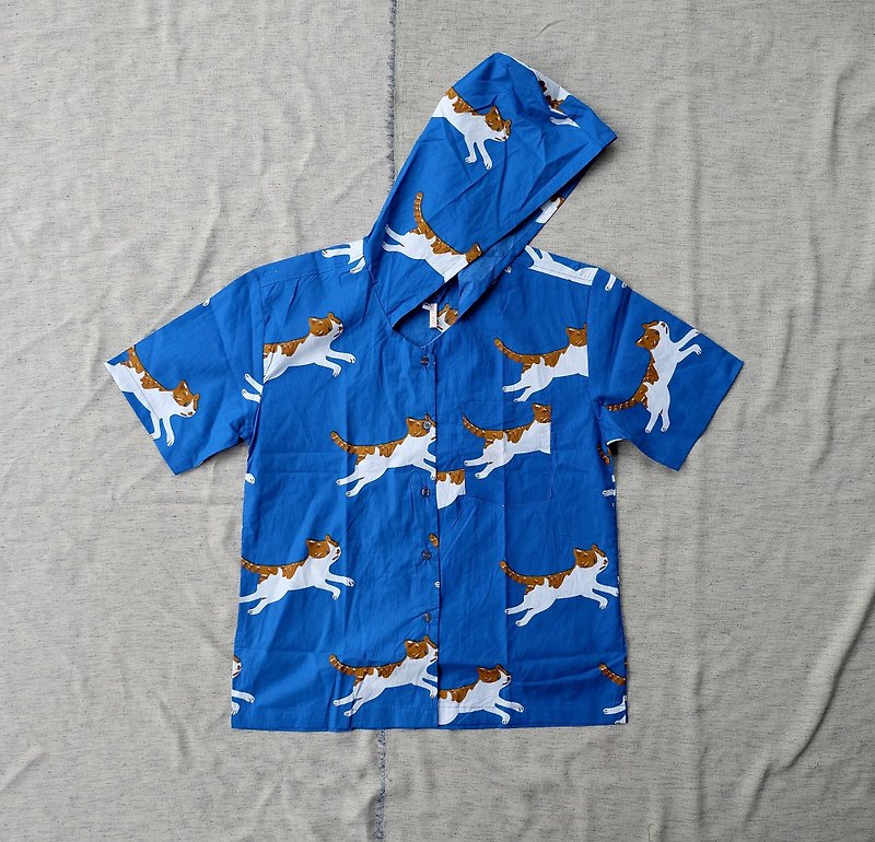 Joyful Cat Printed Hoodie Shirt - 中性衛衣/T 恤 - 棉．麻 藍色