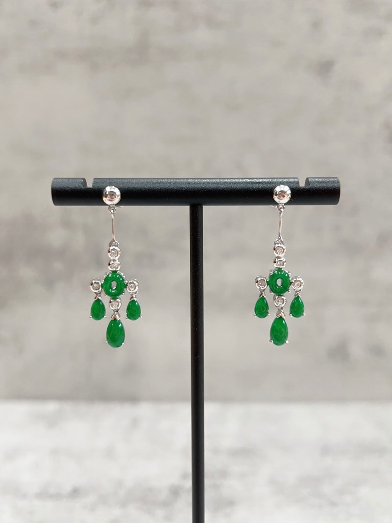 Green jade diamond earrings A grade jade Burmese jade 18K K750 - ต่างหู - หยก 