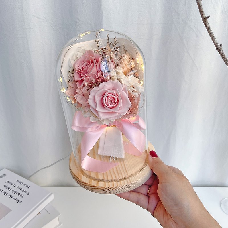 母親節禮盒/客製化禮物 LED玫瑰花束永生花鐘罩 -乾燥粉+櫻花粉 - 乾花/永生花 - 植物．花 粉紅色