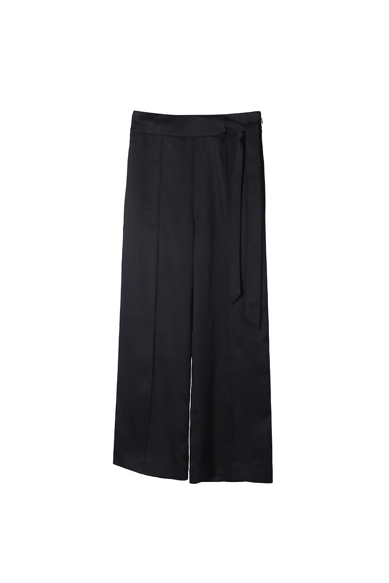 obi-belted pants - black - กางเกงขายาว - วัสดุอีโค สีดำ