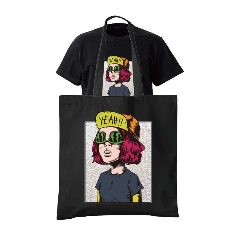 組合-特殊印花潮流短T+帆布袋-眼鏡短髮女孩 - 女 T 恤 - 棉．麻 多色