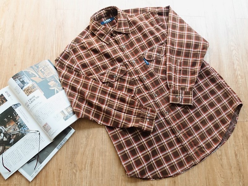 Vintage / corduroy shirt / plaid no.2 - Men's Shirts - Cotton & Hemp Brown