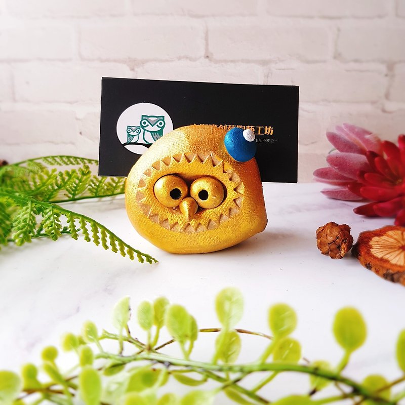 D-23 Golden Eagle Business Card Holder │ Yoshino Eagle x Owl Pottery Decoration Pure Handmade Stationery Healing Small Things - Card Holders & Cases - Pottery Gold