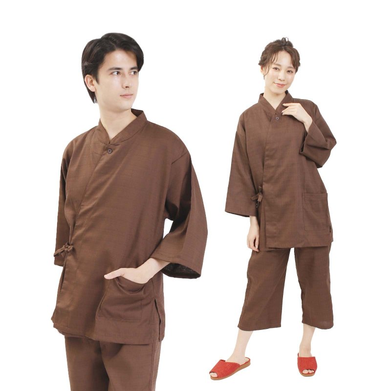 日本 和服 男女兼用 作務衣 套裝 日式 室內服 甚平 立領 S F 2L - 女上衣/長袖上衣 - 其他材質 咖啡色