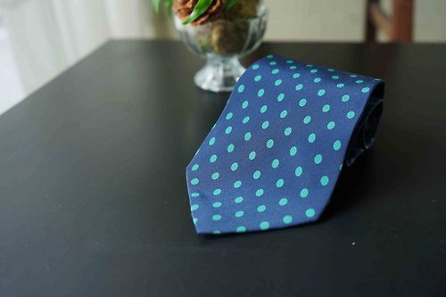 Papas Bow Tie 紳士古董絲質領帶-Christian Dior-湖水綠水玉點點