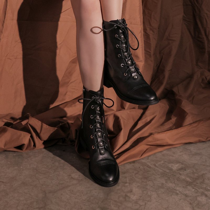Silver studded buckle decoration - strappy high boots - black - รองเท้าบูทสั้นผู้หญิง - หนังแท้ สีดำ