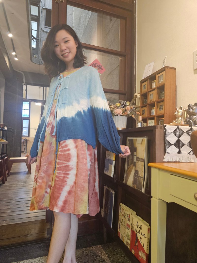 天使藍染 l 氣質風藍染罩衫上衣 l 夏日外套 - 女大衣/外套 - 棉．麻 藍色