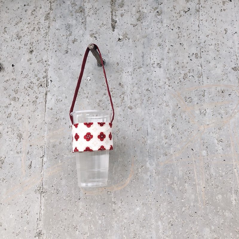 Handmade drink cup bag / small plum - ถุงใส่กระติกนำ้ - ผ้าฝ้าย/ผ้าลินิน สีแดง