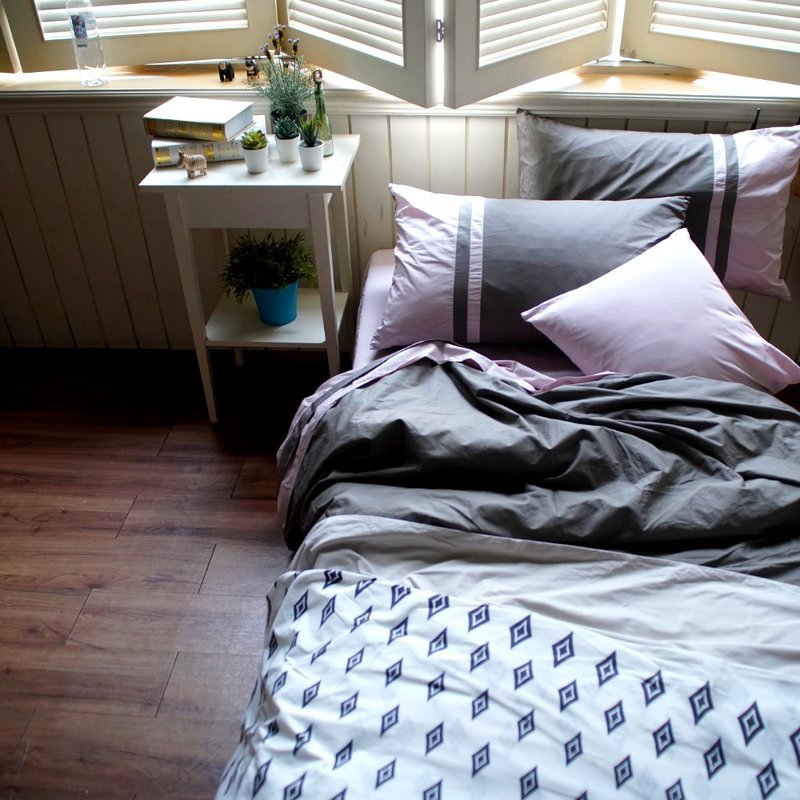 Pillow case_ pillow case_fresh quartz pink & foggy grey - เครื่องนอน - ผ้าฝ้าย/ผ้าลินิน สึชมพู