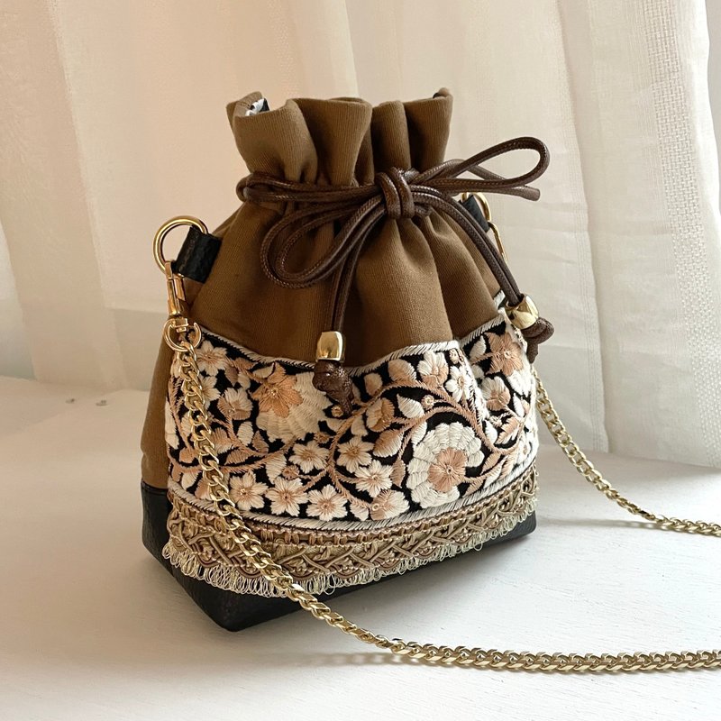 Indian embroidery trim / bucket bag - Drawstring Bags - Faux Leather Brown