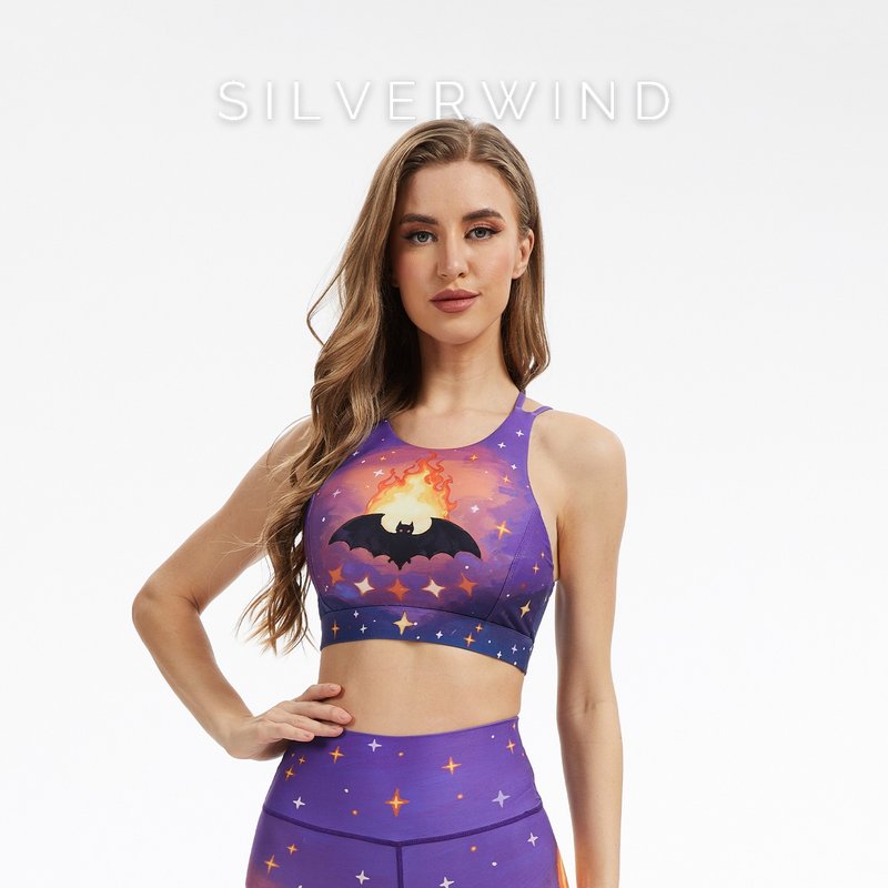 【SILVERWIND】ファイヤーバットプリント ハイサポートブラ 速乾 ランニング フィットネス ヨガ レディース - スポーツ下着 - サステナブル素材 多色