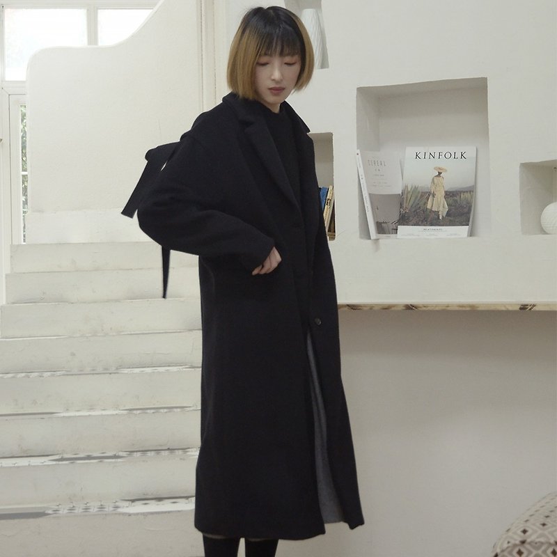 Japanese lace-up wool coat | Coat | Autumn and winter models | Wool | Sora-233 - เสื้อแจ็คเก็ต - ขนแกะ สีดำ