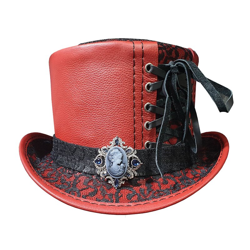 Steampunk Black Crusty Band Red Leather Top Hat - Hats & Caps - Genuine Leather Red