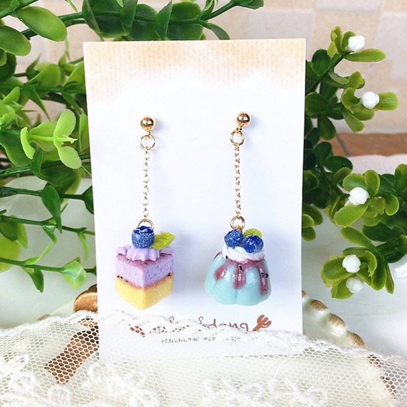 Original handmade sweet and cute blueberry pudding mousse cake Silver earrings ear clips girlfriends gift - ต่างหู - วัสดุอื่นๆ 